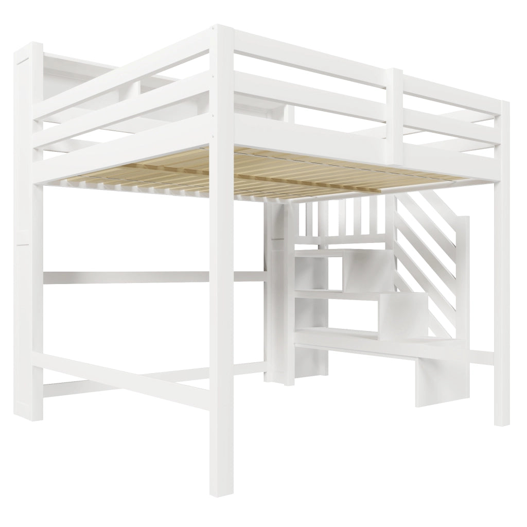 Letto a soppalco 140 × 200 cm 2 posti con LED; scala contenitore e spazio gioco; senza materasso; in pino bianco