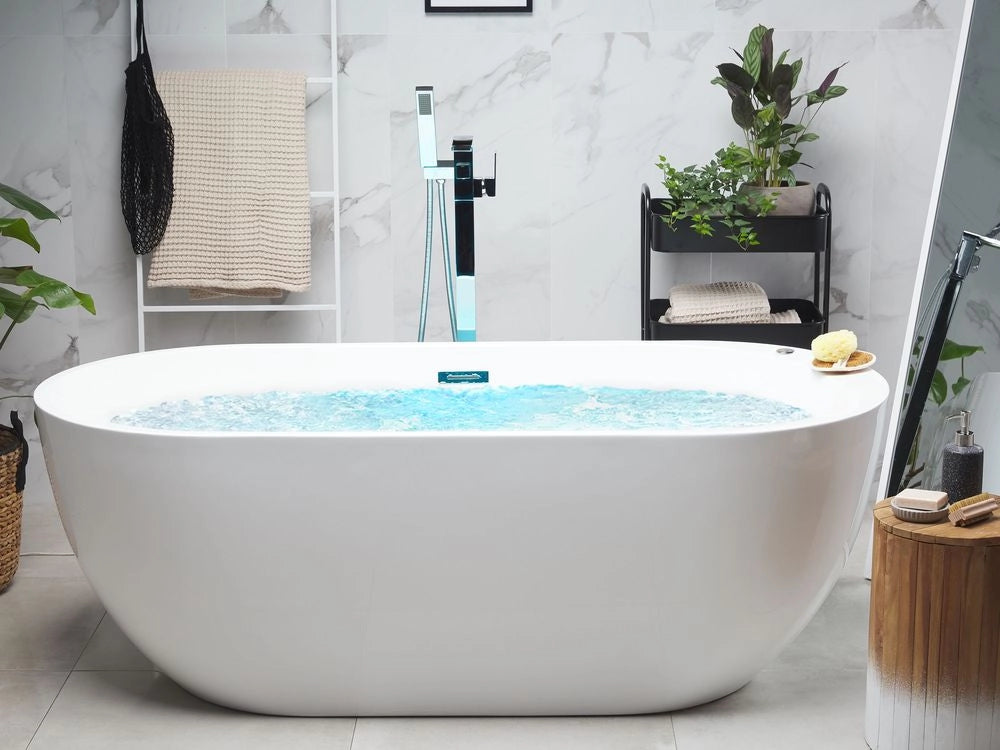 Vasca Idromassaggio Freestanding Bianco Sanitario Acrilico Illuminato a LED Ovale Singola 170 x 80 cm