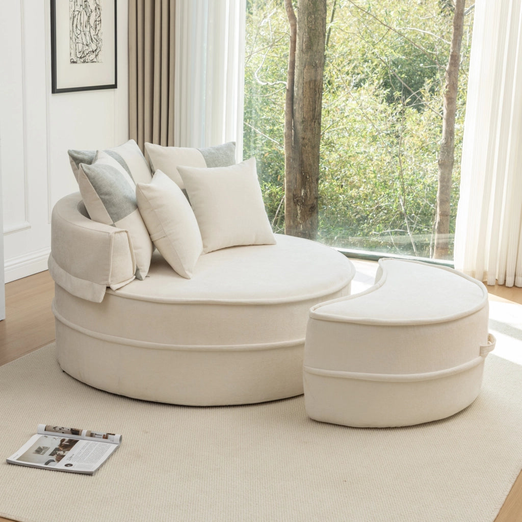 Sedia lounge rotonda senza montaggio con 5 cuscini e ottomana in schiuma beige per soggiorno 121 × 107 cm