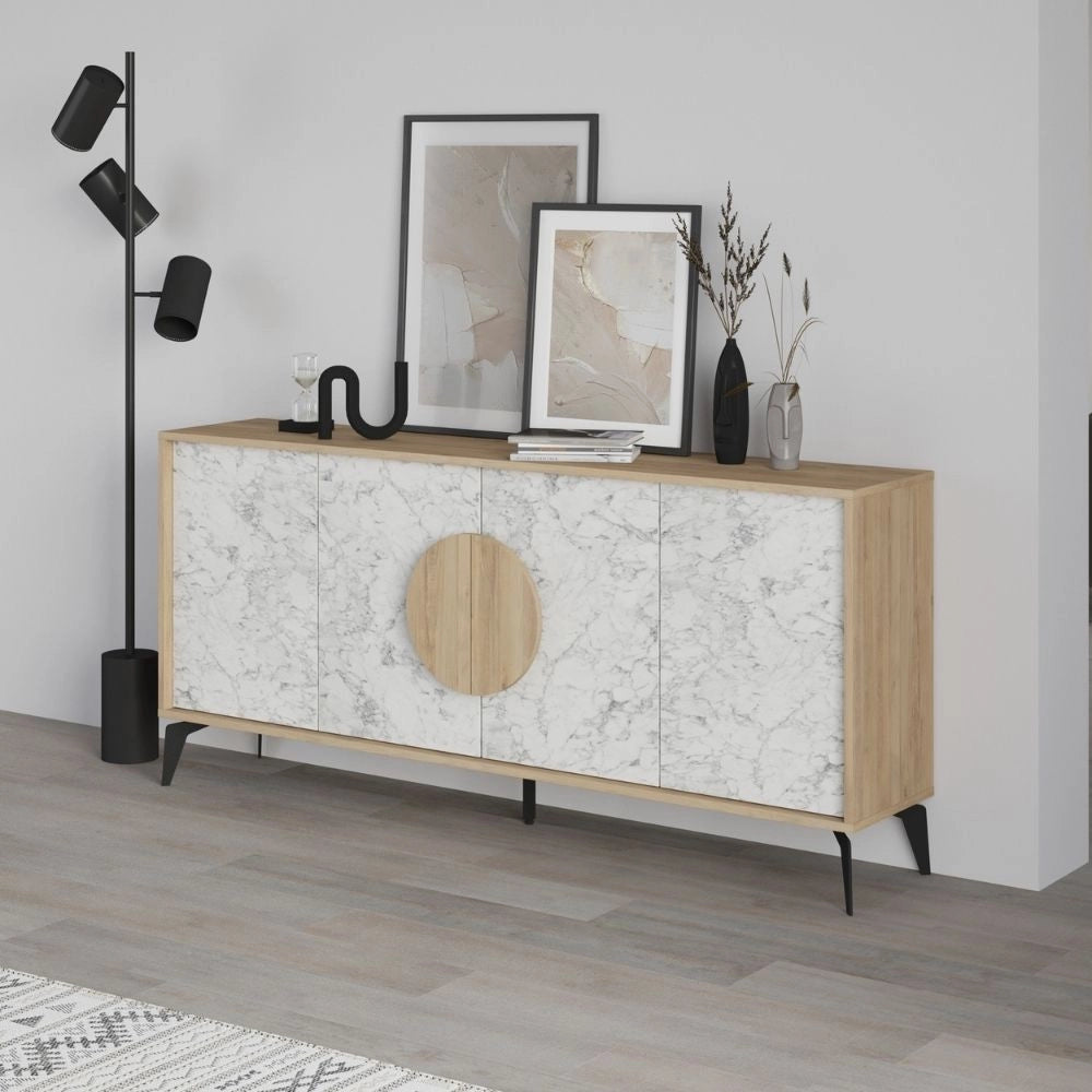 Madia 4 ante Gora180 colore bianco effetto marmo carrara e rovere 180x35,6x82