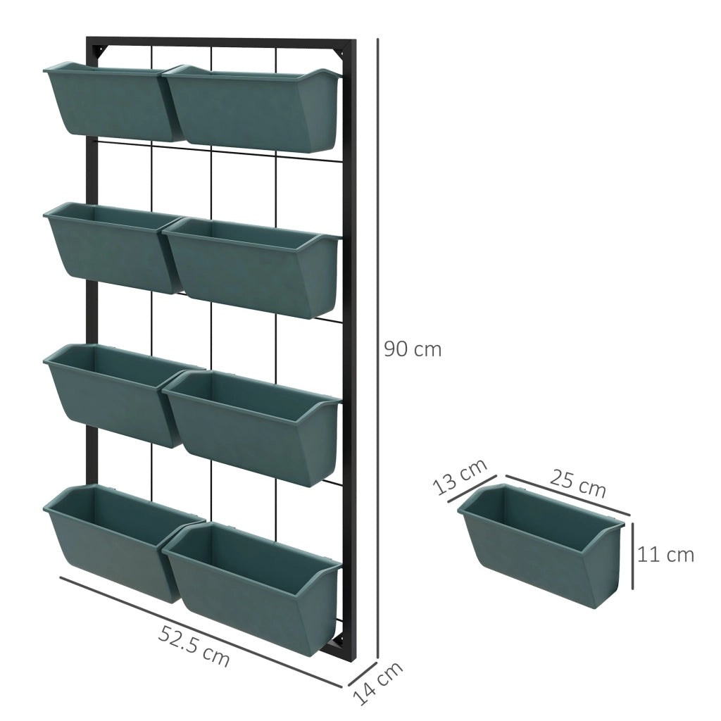 Orto Verticale da Parete a 4 Livelli 52x14x90 cm con 8 Vasi in Acciaio e Plastica Verde Scuro e Nero