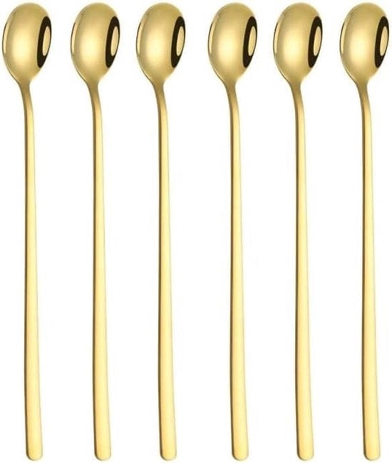 Set di cucchiai da 6 pezzi con manico lungo in acciaio inossidabile - ideale per caffè freddo, tè freddo, milkshake, bicchiere di gelato e bevande fredde (oro)