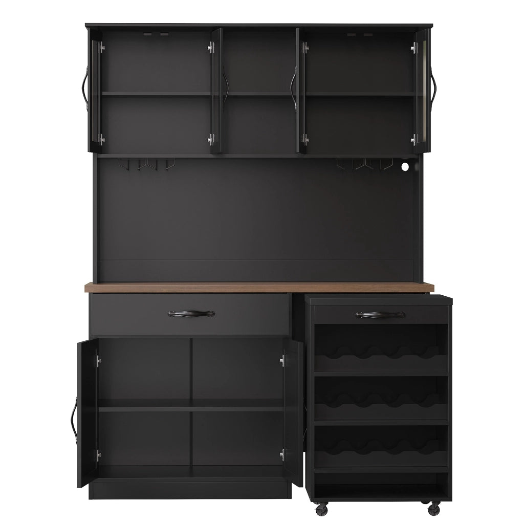 Armadio cucina 140 cm con carrello estraibile, illuminazione LED dimmerabile, 4 ante in vetro, cassetto e portabottiglie, nero