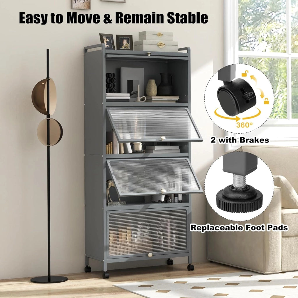 Mobile Dispensa Cucina a 5 Livelli, Mensola Microonde con Anta a Vista, Ruote, Dispositivo Antiribaltamento, Scaffale da Cucina in Ferro per Soggiorno, Sala da Pranzo, 60x32x154cm (Grigio)