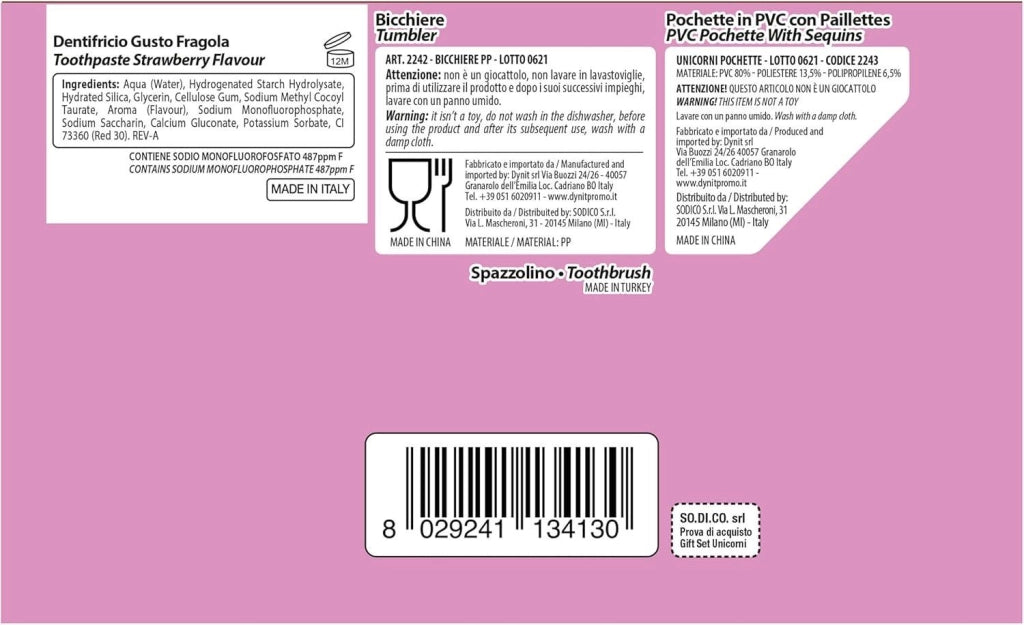 UNICORNO COFANETTO REGALO CON SPAZZOLINO DA DENTI MANUALE CON SETOLE MEDIE E DENTIFRICIO ALLA FRAGOLA, 75 ML