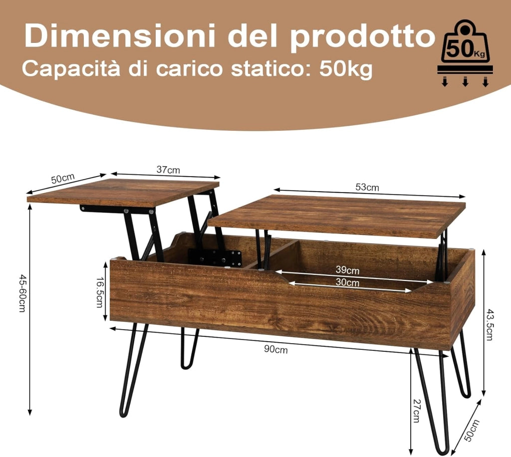 WOLTU Tavolino da Caffè Sollevabile, Tavolino da Divano con Scomparto Nascosto, Tavolino da Salotto Industriale, Tavolino da Soggiorno con Gambe in Metallo, Marrone Rustico, BTS14vbn