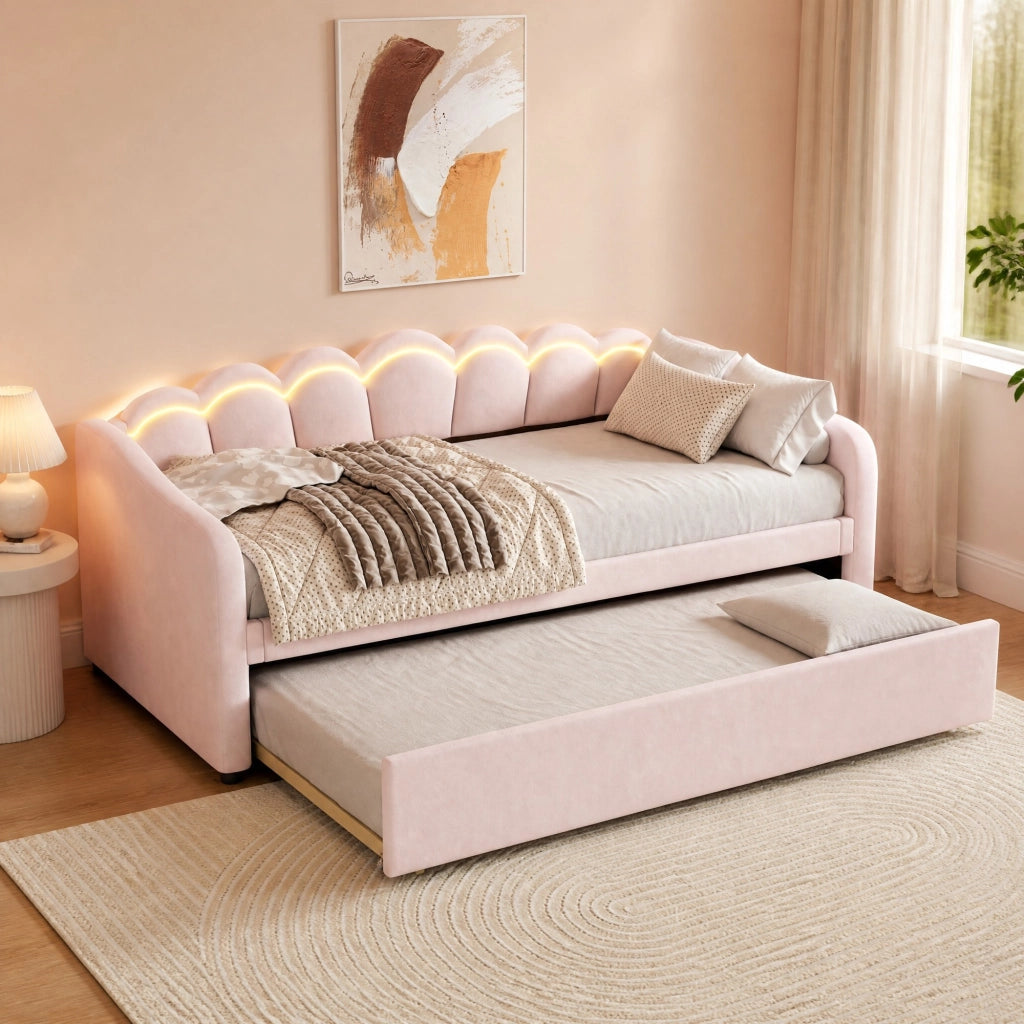 Letto singolo 90x200 cm con letto estraibile LED rosa