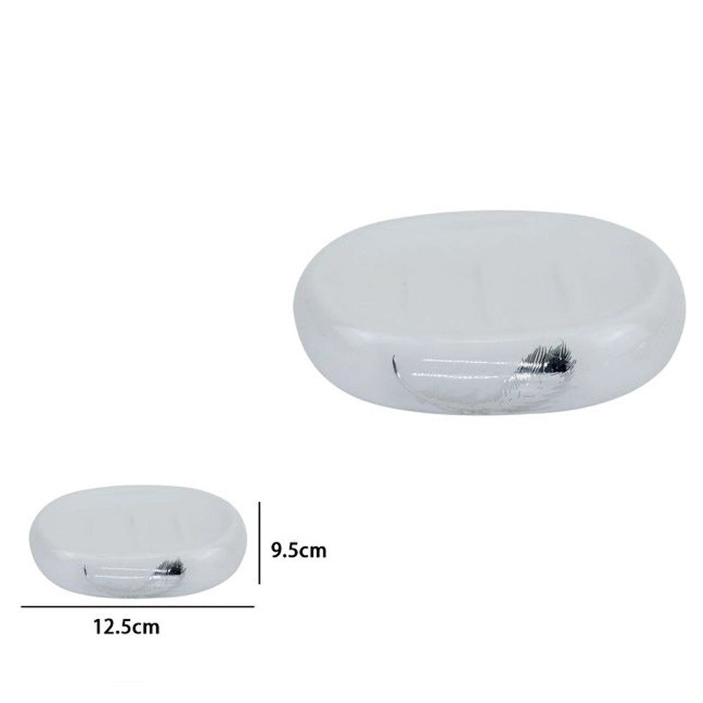 Trade Shop - Piattino Per Sapone Saponetta Ceramica Bianca Decorato Piuma Argento Bagno 59900 -