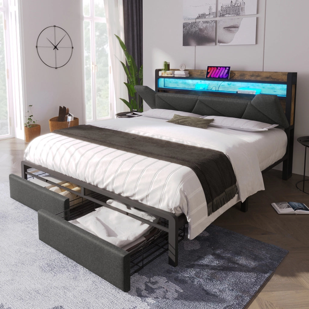 LETTO matrimoniale 160x200 cm grigio in lino con testiera contenitore e 2 cassetti