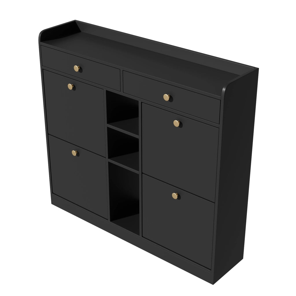 Scarpiera con 4 ante a ribalta, 2 cassetti e 3 vani aperti in pannello truciolare nero 110 × 26 × 100 cm
