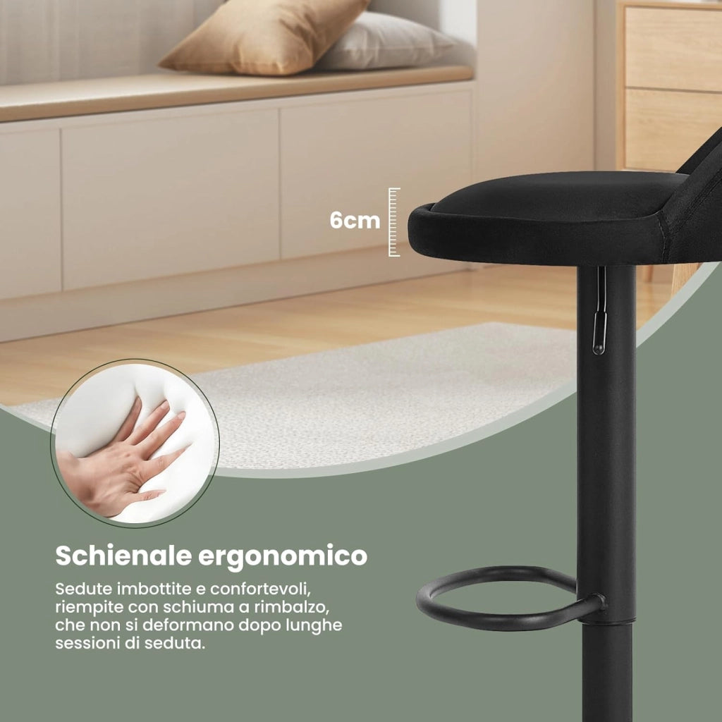 Sgabelli da Cucina in Velluto con Poggiapiedi Sgabelli da Bar Moderni per Bancone Penisola Sedie Alte Girevoli Altezza Seduta Regolabile 62-84cm, Nero 2 Pezzi 0824BY-2