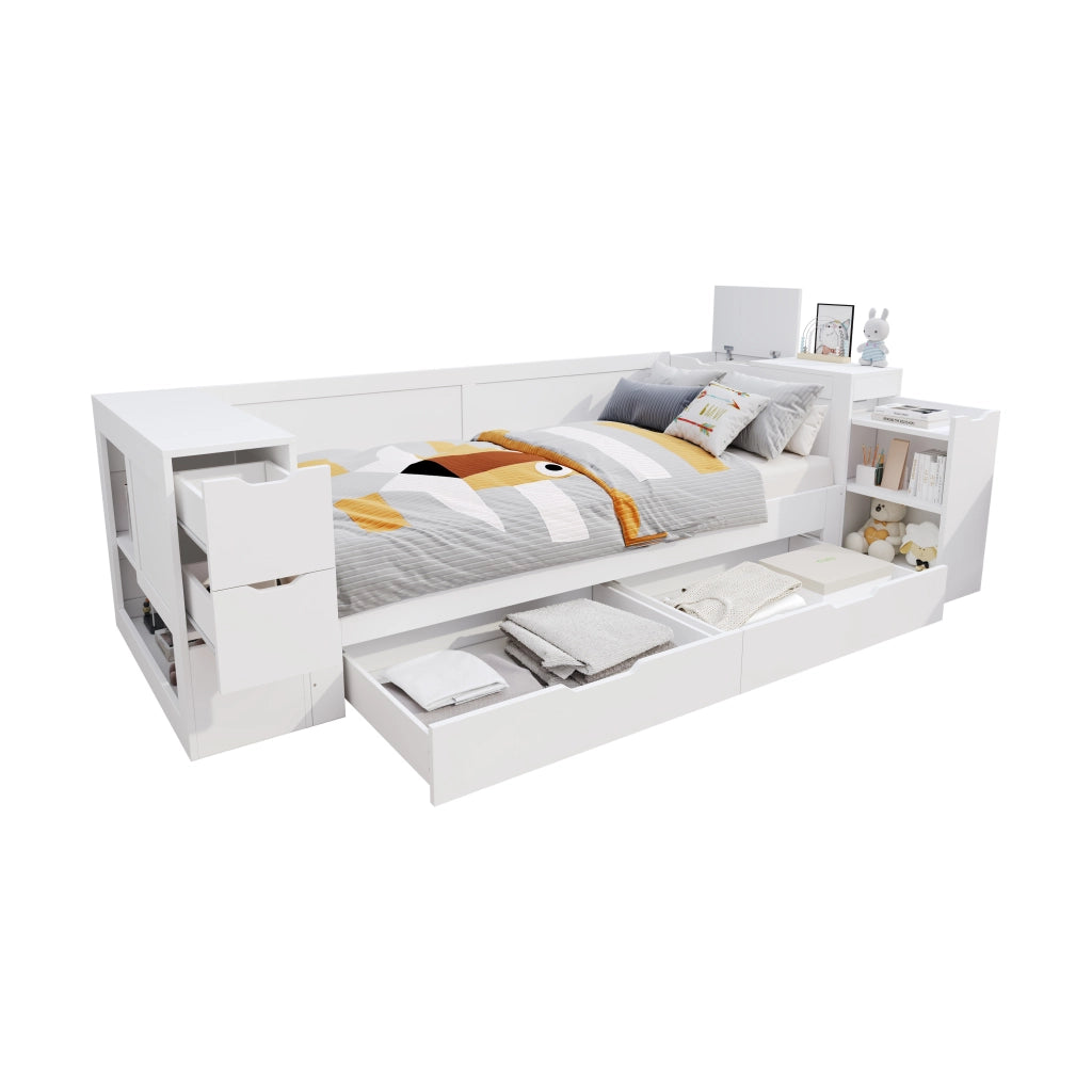 Letto a Divanetto 90x200 cm; Letto Singolo con Cassetti e Contenitore in MDF Bianco