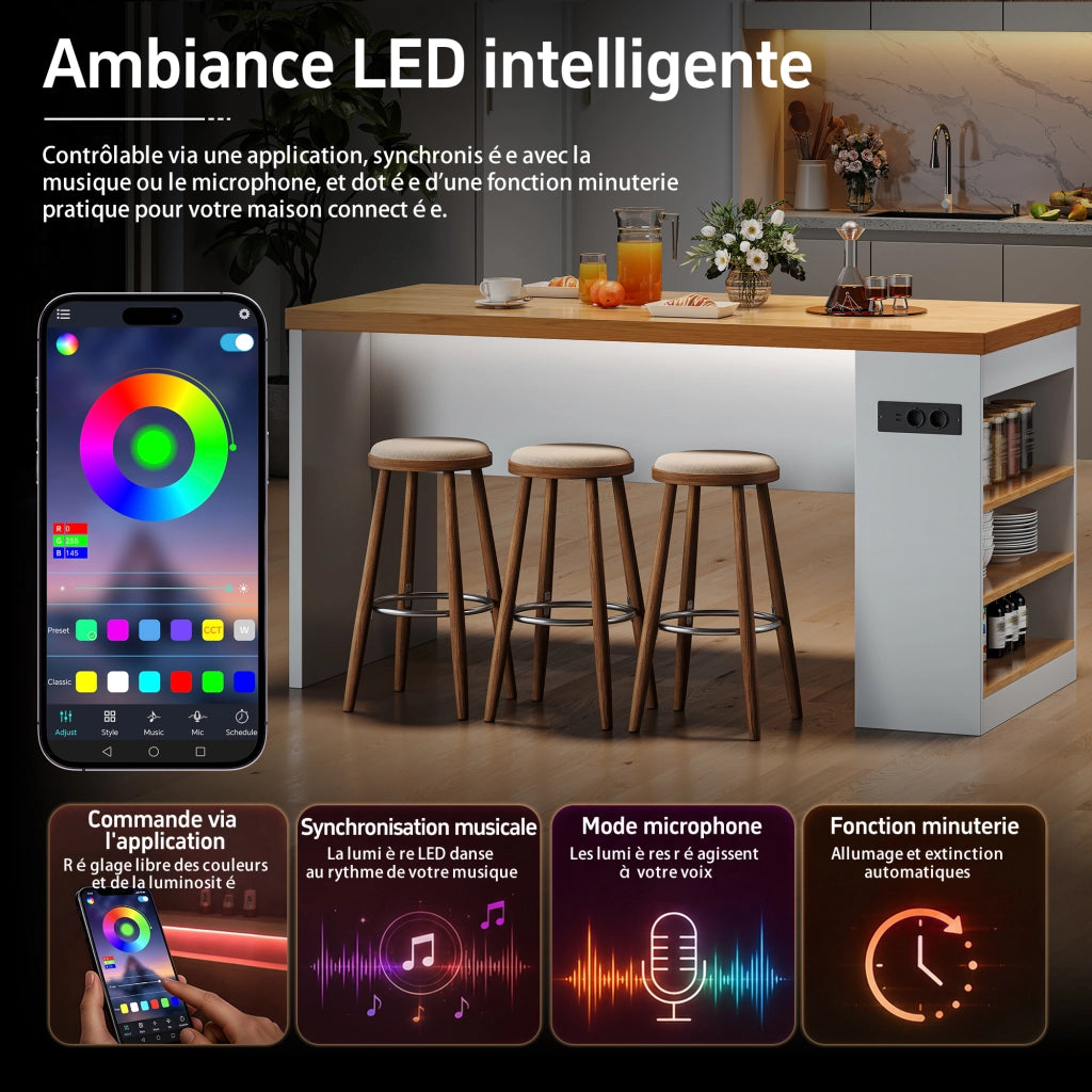 Carrello da cucina con 3 ripiani aperti; LED; prese e porte USB; per cucina e sala da pranzo; 155 × 80 × 90 cm