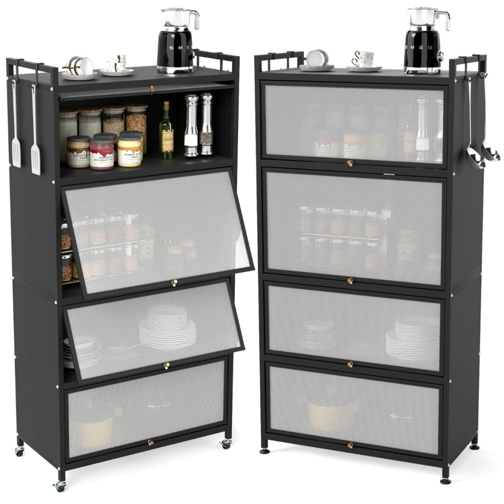 Armadio da cucina a 5 ripiani con 4 ante a ribalta e piedini regolabili, Carrello porta microonde per sala da pranzo Nero-Credenze buffet