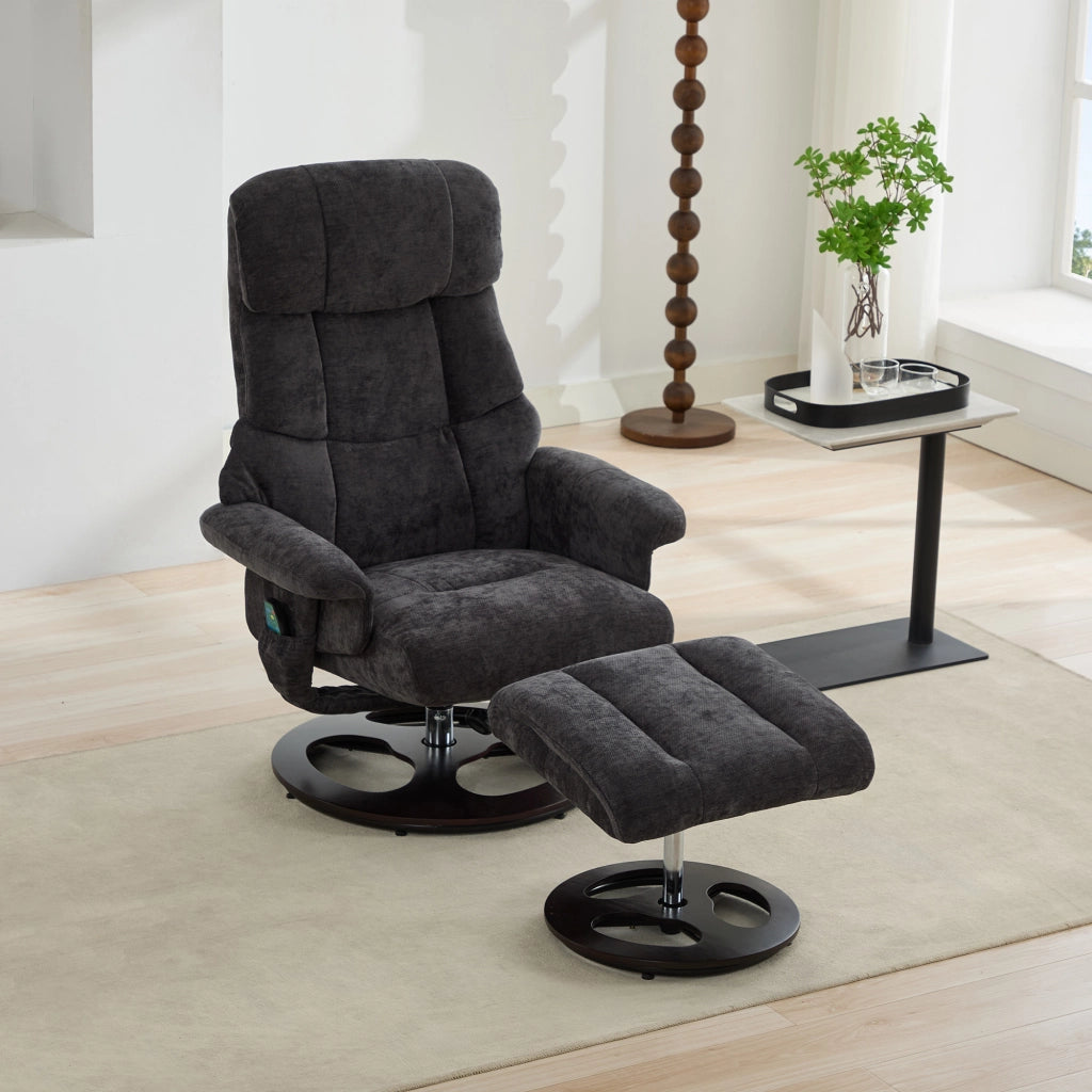 Poltrona Relax Reclinabile Massaggiante con Poggiapiedi ¨C MINIMAL ¨C Girevole 360¡ã, Tessuto Chenille Scuro