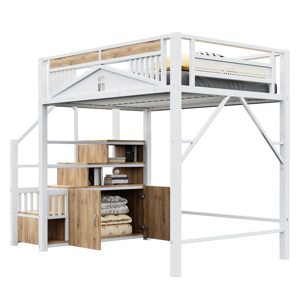Letto a soppalco in metallo 140x200 cm con scala laterale; vano contenitore e rete finestra; bianco