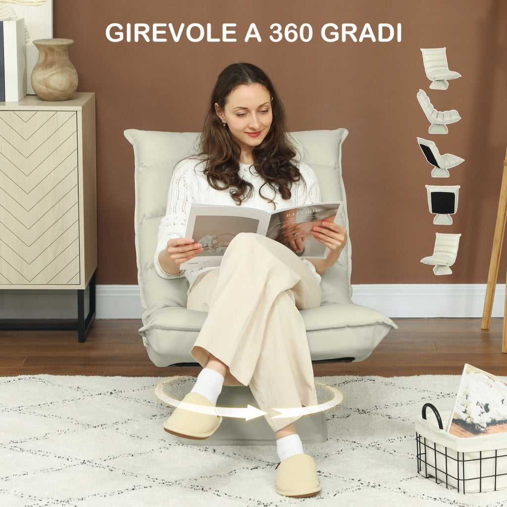 Poltrona in Tessuto Imbottita Girevole a 360¡ã e Reclinabile a 3 Livelli 62x70x95cm, Beige