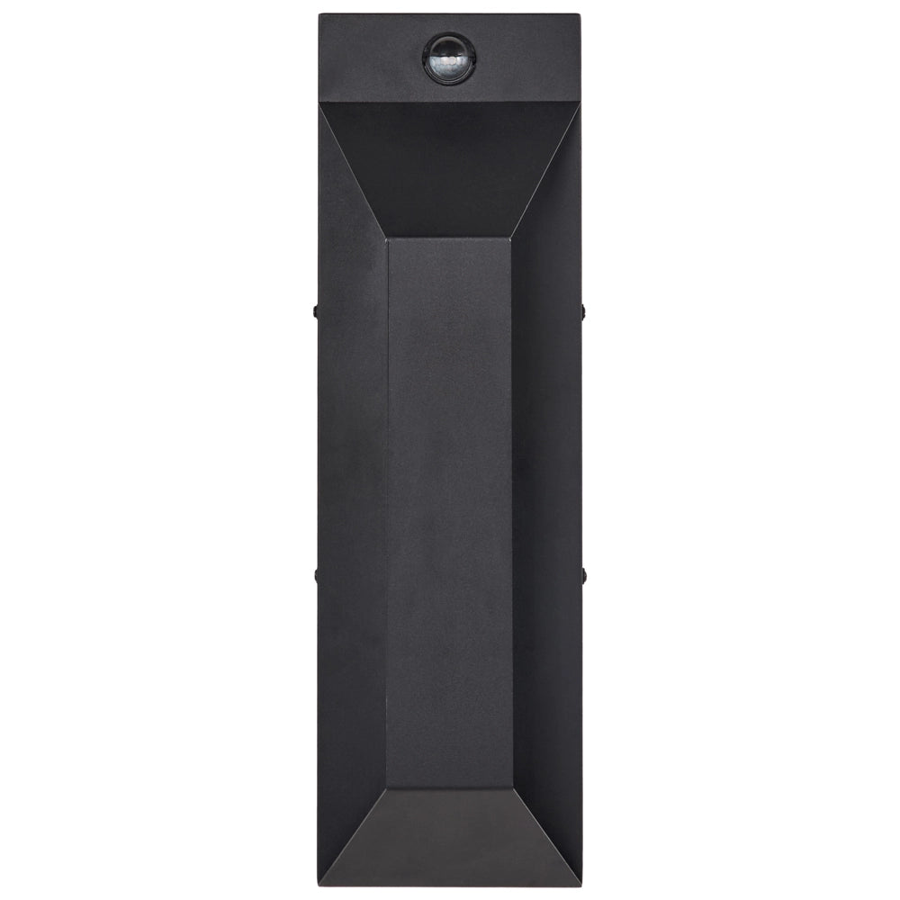 Lampada da parete LED da esterno con sensore di movimento, applique nera in metallo e vetro opaco, design moderno per patio e giardino.