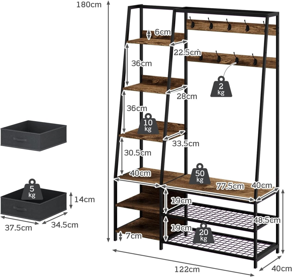 Appendiabiti Mobile Ingresso con Panca, 9 Ganci e 6 Ripiani, 2 Cassetti in Tessuto Rimovibile, Organizzatore di Casa per Ingresso, Soggiorno, Camera da letto, Marrone Rustico