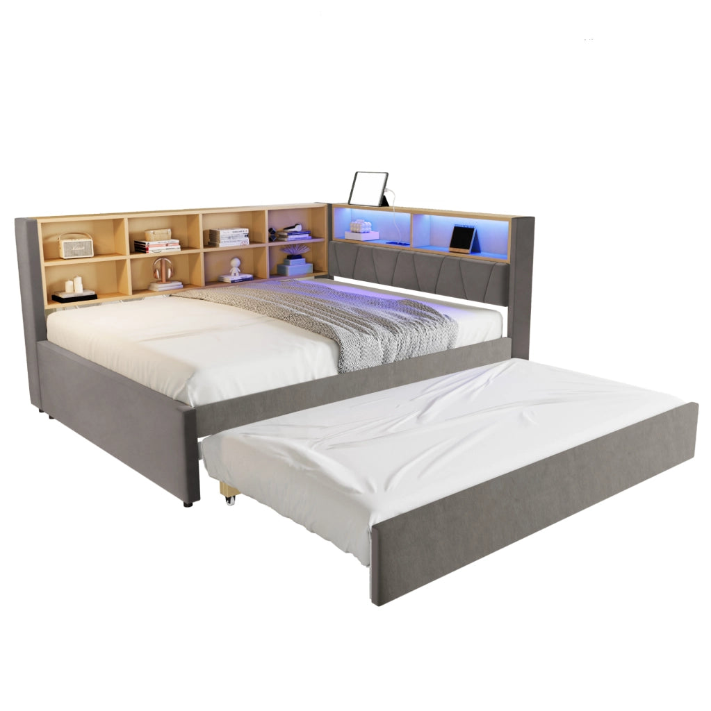 Divano letto multifunzione 140x200 cm con letto estraibile 90x190 cm; LED e porte di ricarica; grigio scuro