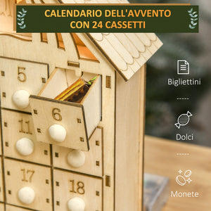 Calendario dell'Avvento  26,6x6x30 cm 24 Cassetti e Presepe Intagliato in Legno