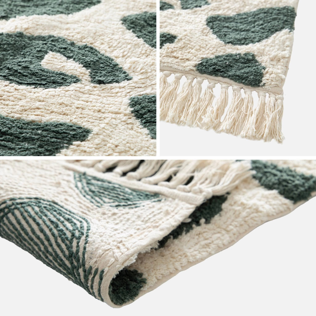 Tappeto interno cotone motivo maculato verde scuro con frange