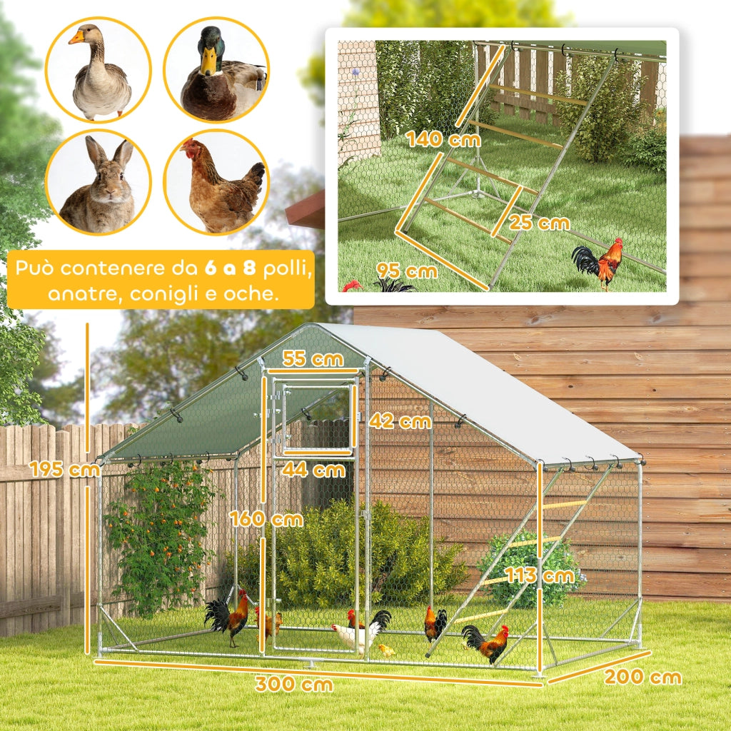 Recinto per Galline da 6m2 per 6-8 Animali con Tetto Impermeabile, Mangiatoia e Posatoio, 3x2x1.9m, Argento