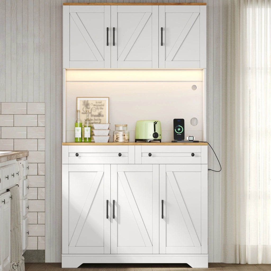 Credenza alta da cucina con LED RGB, prese integrate e 2 cassetti, colore Natural+White, 100 x 40 x 180 cm