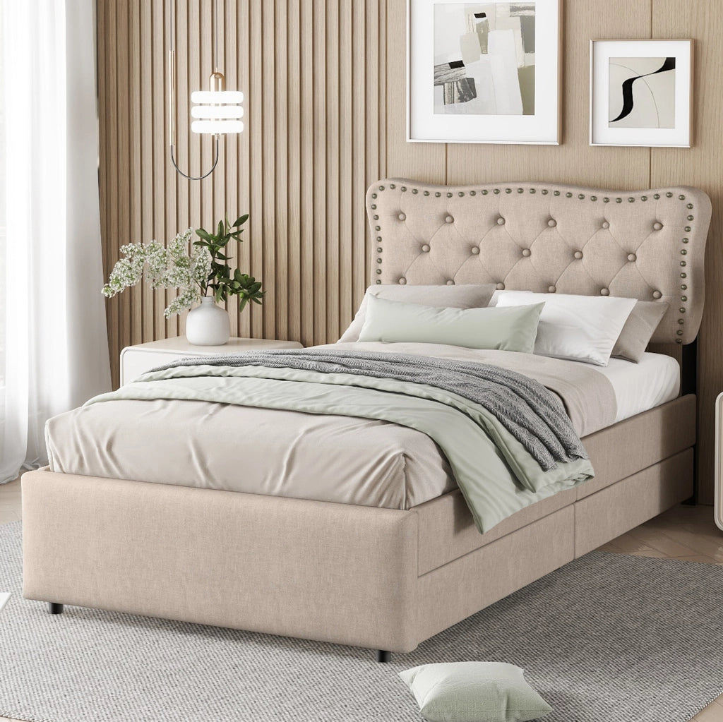 Letto imbottito singolo 90x200 cm beige scuro con 2 cassetti