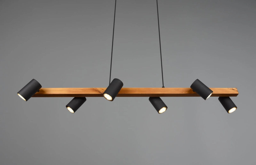 Lampadario Trio MARLEY nero/legno 6xGU10 Ø115 h150