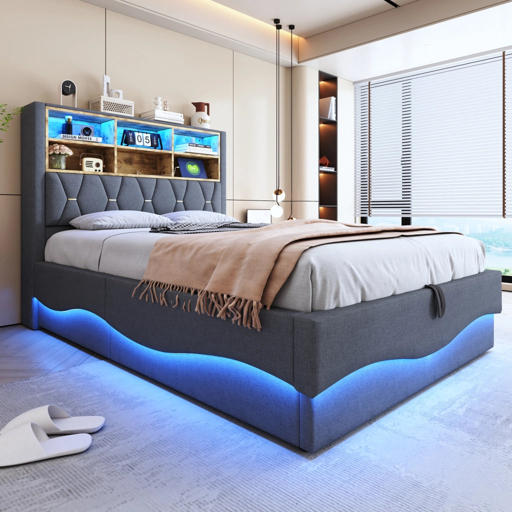 OKWISH Letto Contenitore 140×200 cm, Letto Matrimoniale con LED, USB e Vano a Giorno, senza Materasso, Grigio