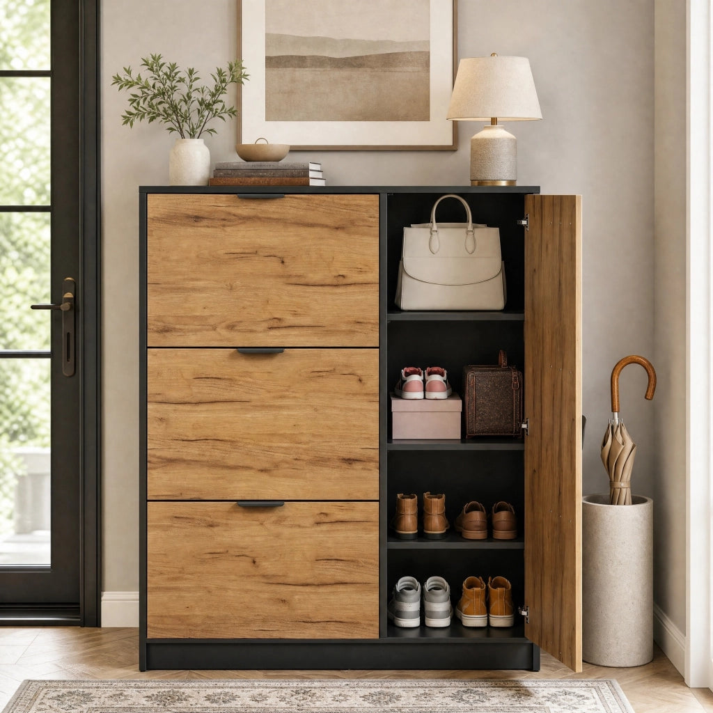 SCARPIERA 100x30x130 cm MDF color naturale e nero con 3 ribalte e 1 anta