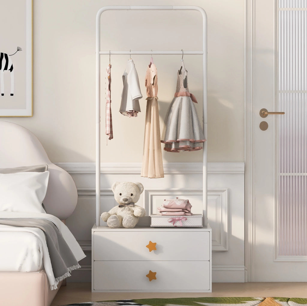 Appendiabiti per bambini 70x55x168 cm con asta e 2 cassetti in MDF; bianco