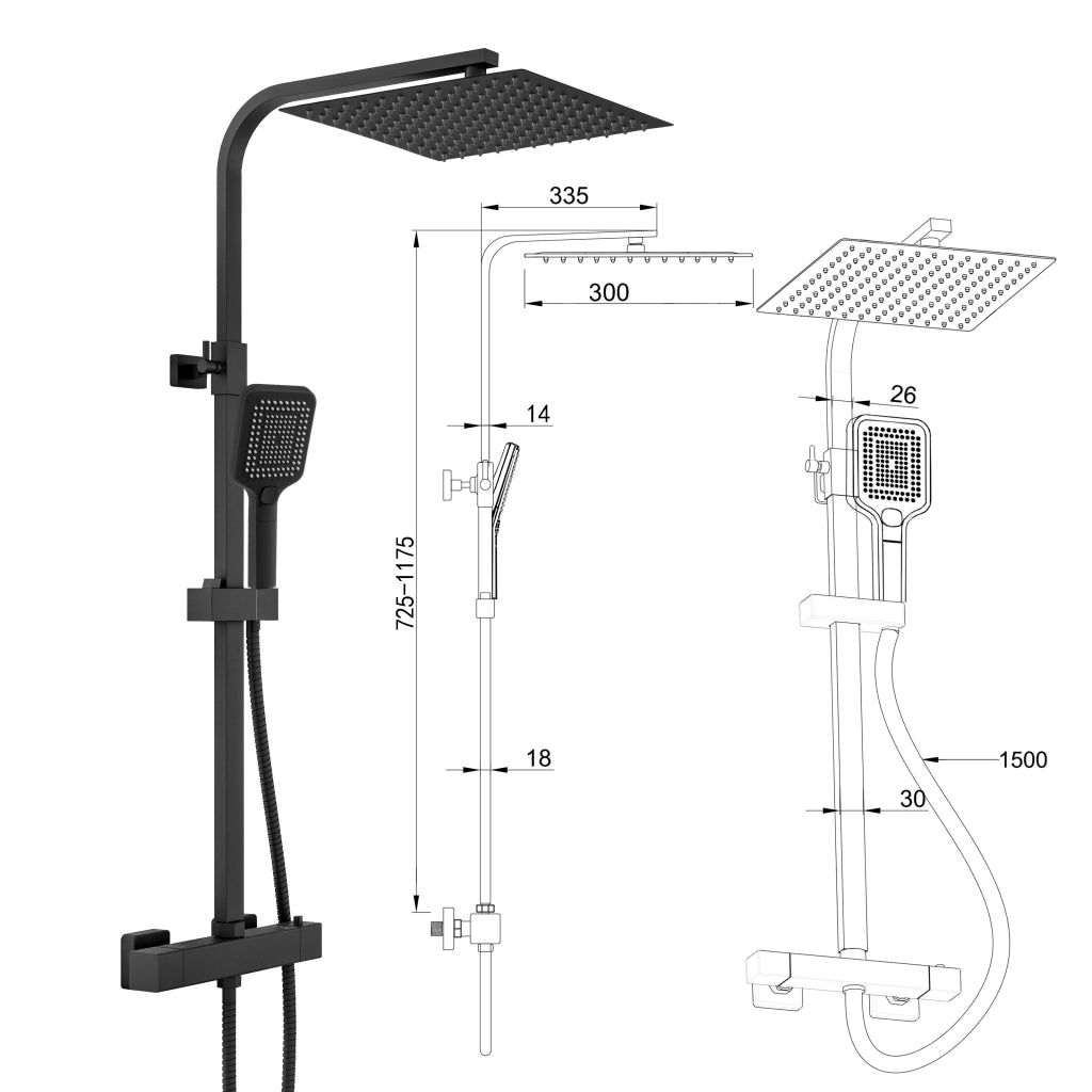 Colonna doccia quadrata completo di miscelatore termostatico rettangolo, soffione quadrato 30x30cm, nero