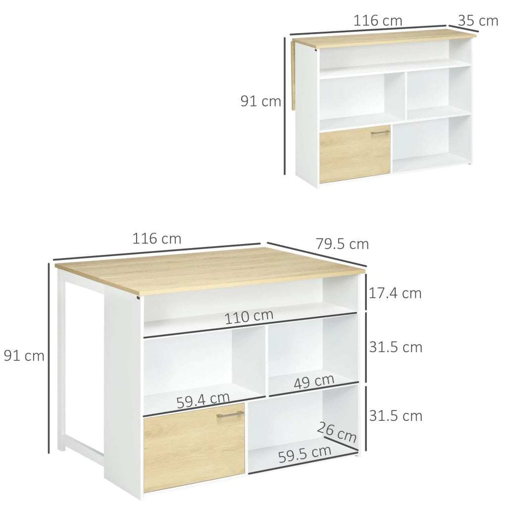 Isola da Cucina con Piano a Ribalta 116x79,5x91 cm in MDF Bianco e Legno Naturale