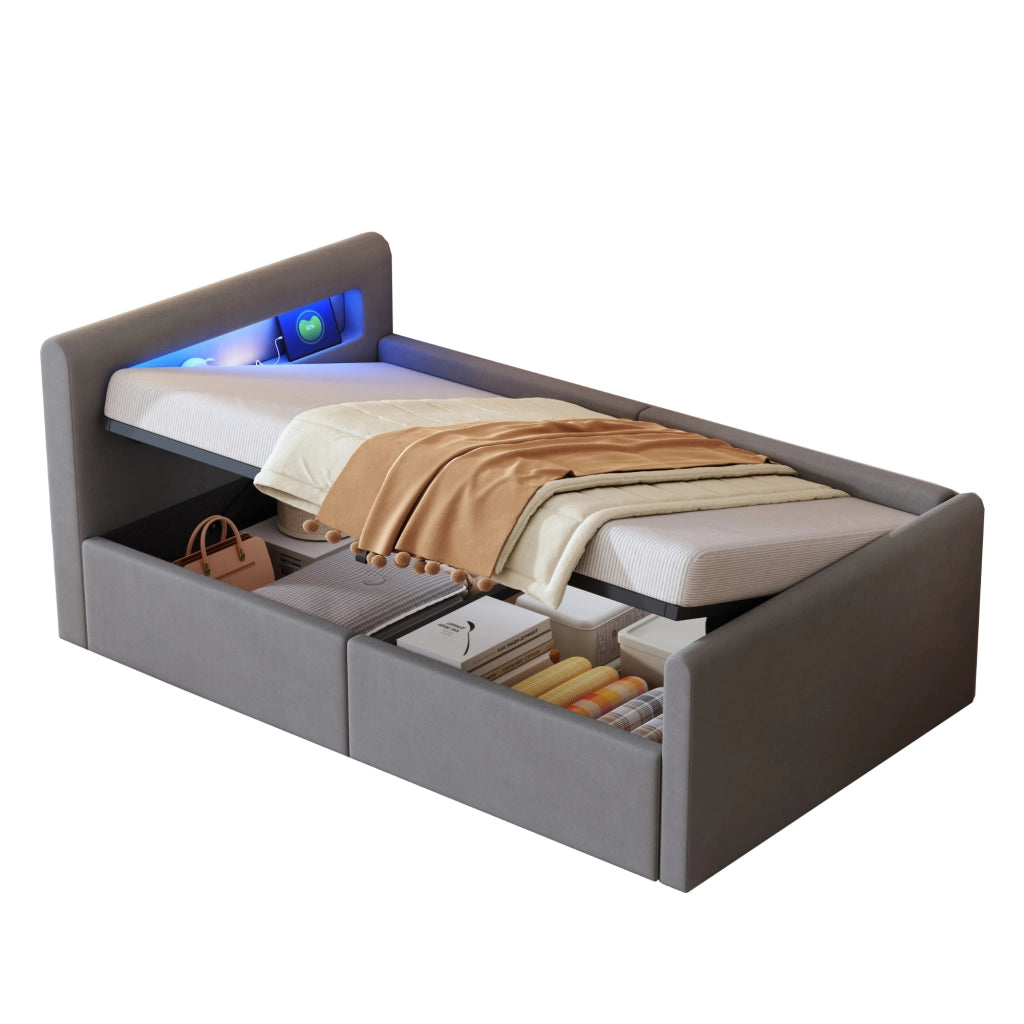 OKWISH Letto bambino 90×200 cm, Letto Singolo con LED, luce notturna, USB, mensole e contenitore idraulico, senza Materasso, Grigio