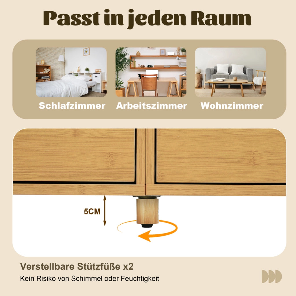 Credenza 160 cm con 6 cassetti; ripiani aperti in bambù e piedi regolabili; finitura rovere