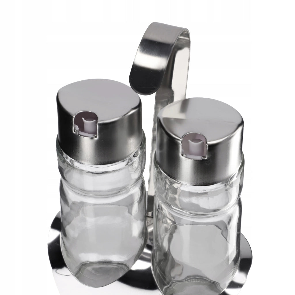 Set di 2 bottiglie in vetro KADAX da 0,1 l per olio d'oliva e aceto, con supporto.