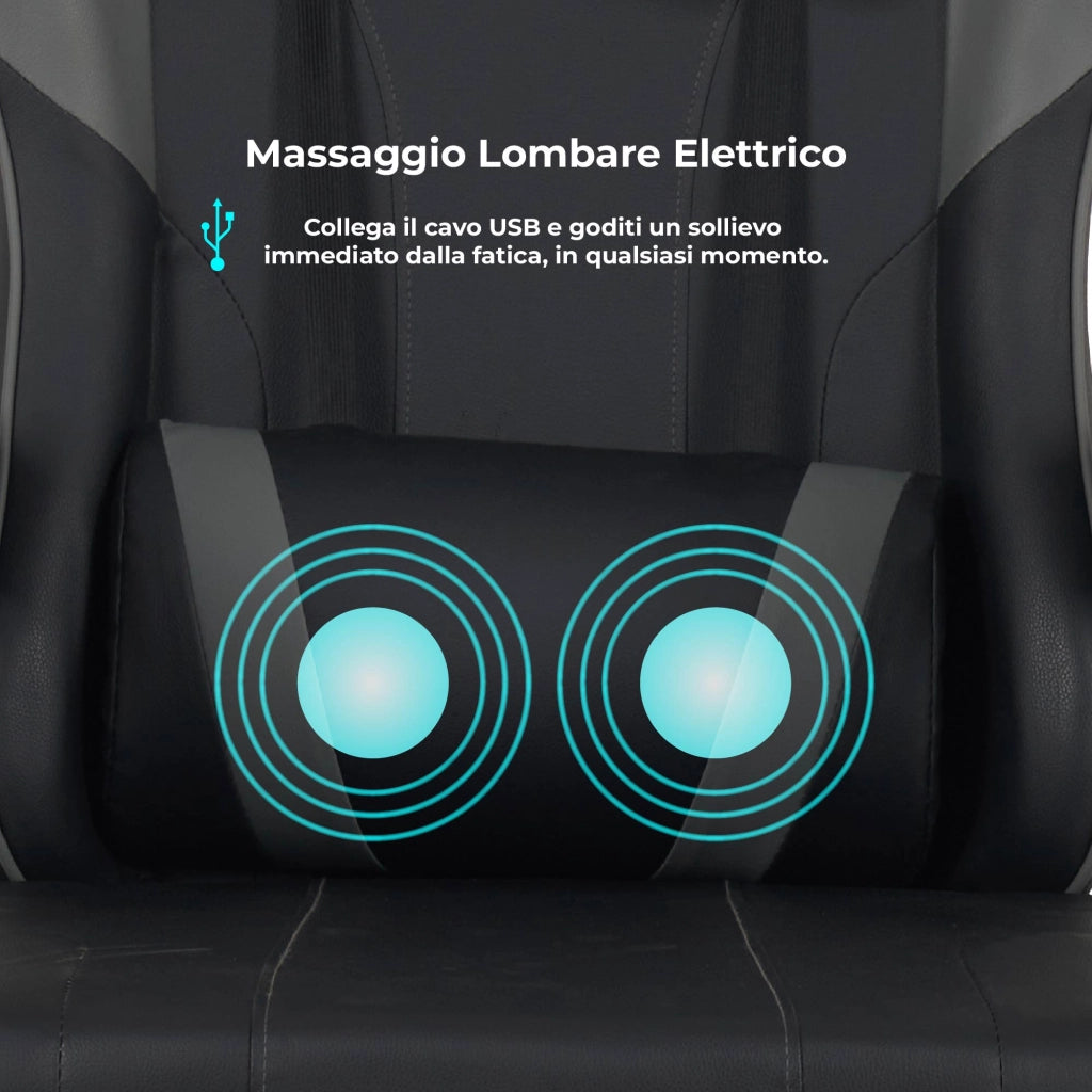 Sedia da Gaming Massaggiante,Sedia Gamer Con Poggiapiedi Telescopico,Reclinabile 90-135°,Poltrona da Gaming con Poggiatesta  Cuscino Lombare,Sedie Da Ufficio,Portata 150kg Grigio