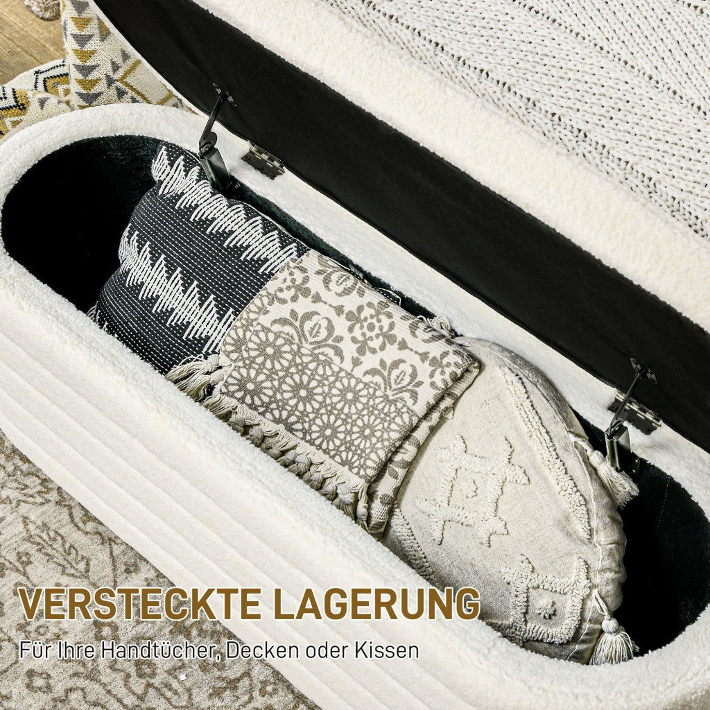 Panca da letto con contenitore in poliestere effetto teddy e gambe in legno bianco crema 116 × 41 × 40,5 cm