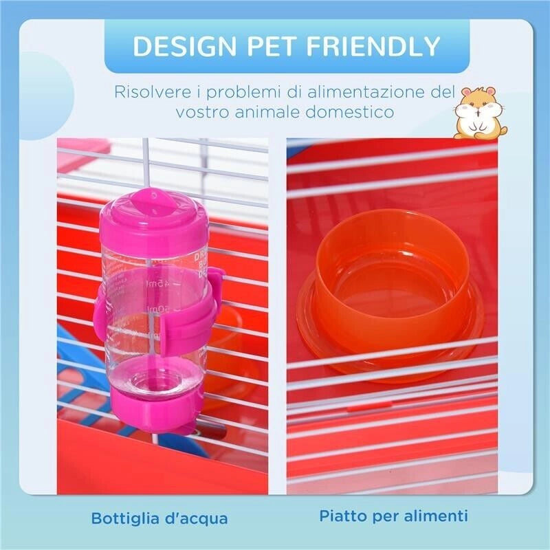 GABBIA PER CRICETI A 2 LIVELLI IN METALLO E PP CON CASETTA, SERBATOIO DELL'ACQUA E RUOTA, 47X30X27 CM