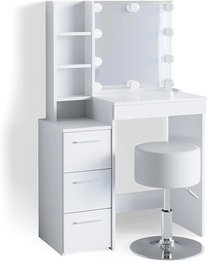 Tavolo da toeletta Meryl, Bianco, 80 cm con illuminazione LED e sgabello, adatto per truccarsi, acconciarsi e conservare cosmetici