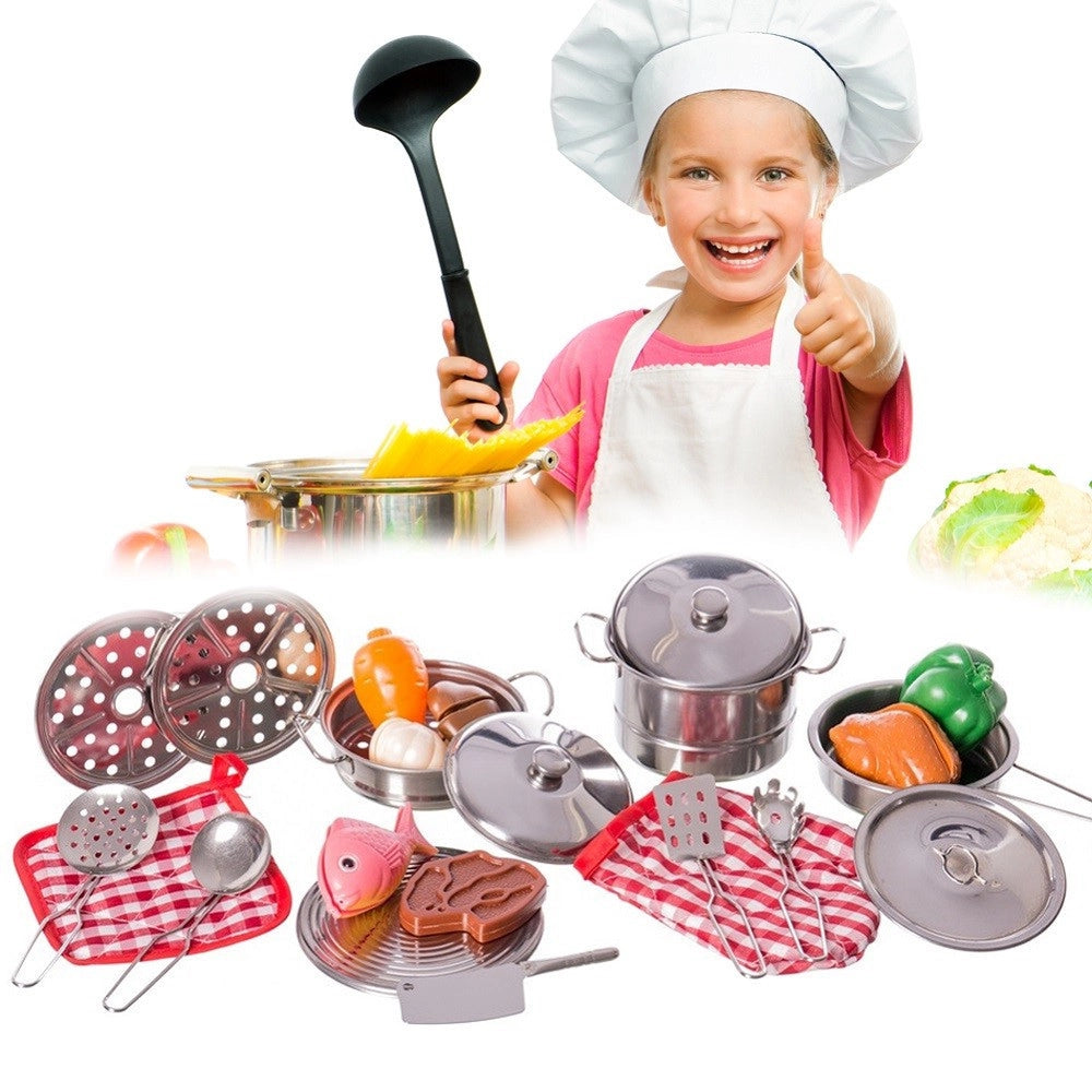 Trade Shop - Set Cucina Giocattoli Bambini In Metallo 23pz Con Pentole Mestoli E Accessori -