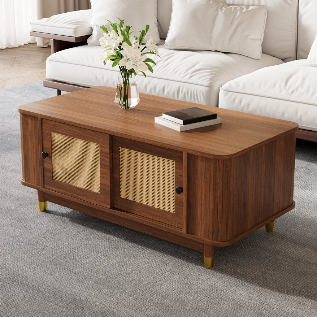 Tavolino basso con 2 ante scorrevoli in rattan, vani interni e angoli arrotondati, noce, 100 × 50 × 42 cm