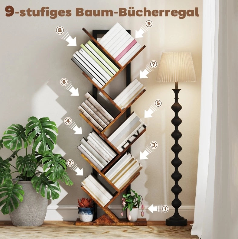Libreria ad albero salvaspazio con 9 ripiani marrone rustico
