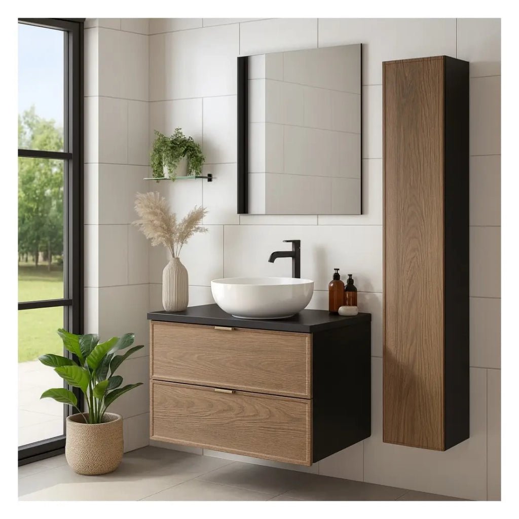 Set da bagno SAVIA: mobile sottolavabo 60cm + piano lavabo + colonna di contenimento