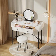 Tavolo Trucco con LED e Sgabello ¨C MINIMAL ¨C Bianco e Nero, 2 Cassetti, Piano Marmo, 100x40x120