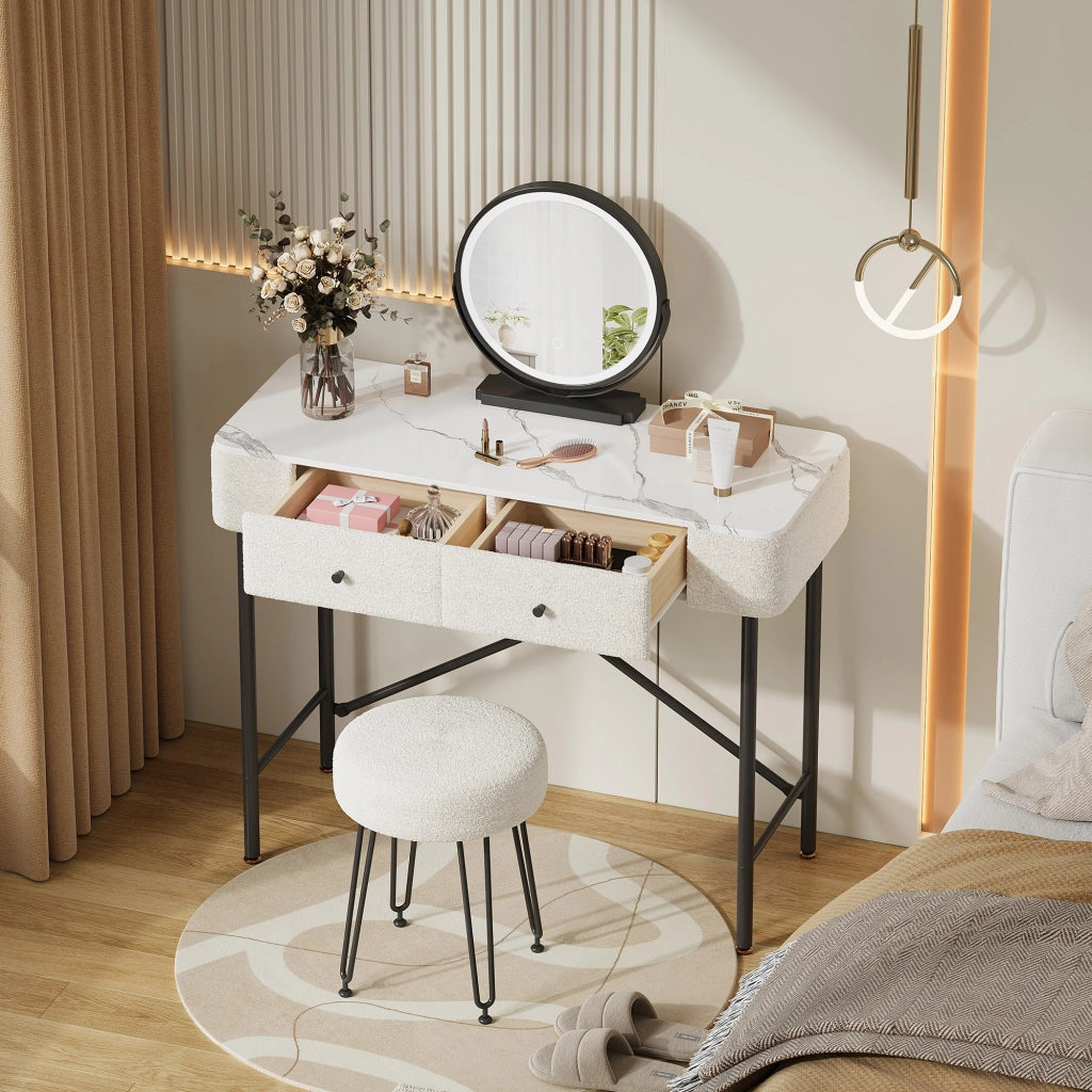 Tavolo Trucco con LED e Sgabello ¨C MINIMAL ¨C Bianco e Nero, 2 Cassetti, Piano Marmo, 100x40x120