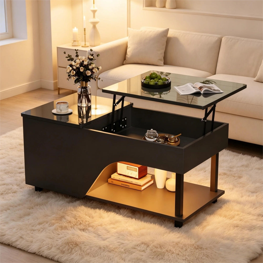 Tavolino lucido, illuminazione a LED, altezza regolabile, design traforato, 50 x 100 x 46 cm, nero