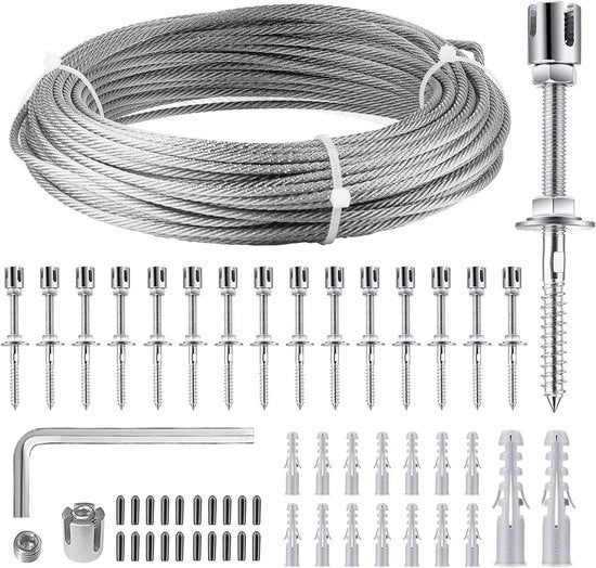 Impianto di sostegno per piante in acciaio inossidabile T316 completo con supporti per parete e corda di 3 mm (16 supporti)